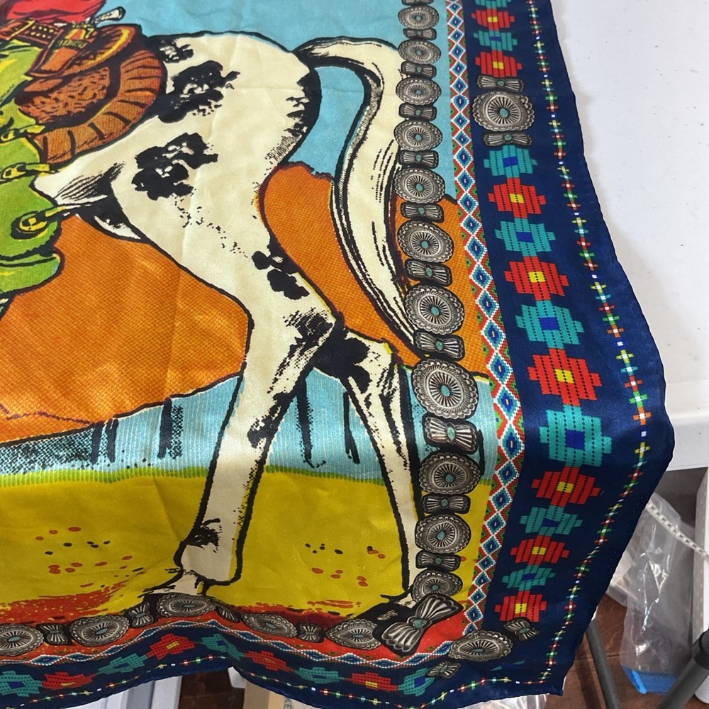 Retro Cowboy Western Silk Scarf Fringe scarves 34 x 30 Rodeo Colorful - Picture 3 of 8